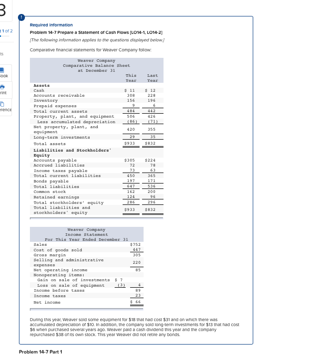 m 1 of 2 Required information Problem 14-7 Prepare a statement