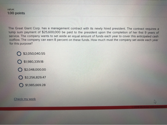  value: 1.00 points The Great Giant Corp. has a management contract