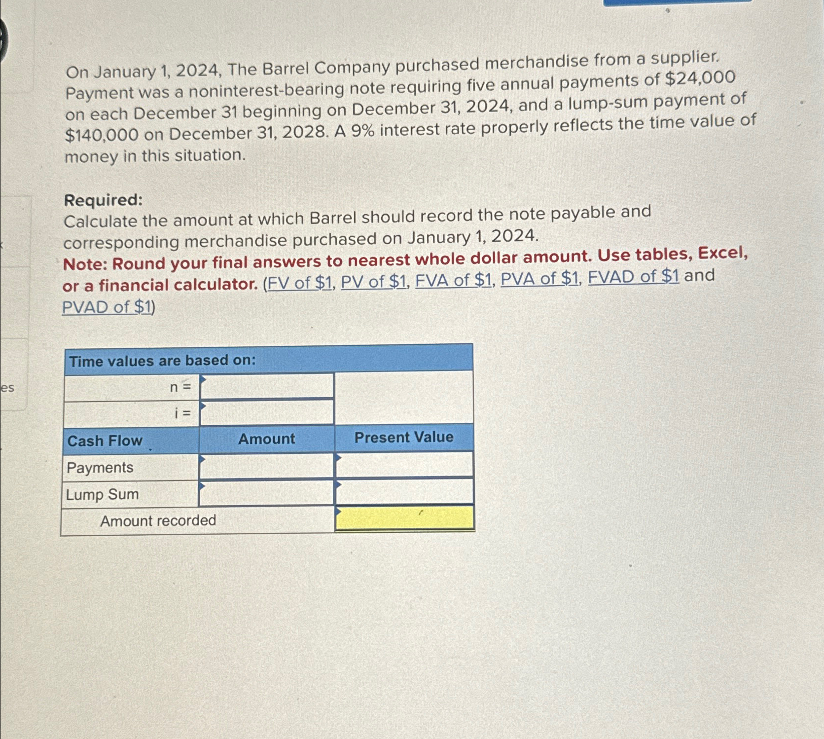  On January 1,2024, The Barrel Company purchased merchandise from a supplier.