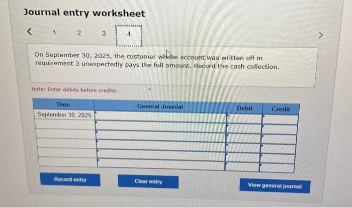 off as uncollectible. Record the write-off. Note: Enter debits before credits. Pearl