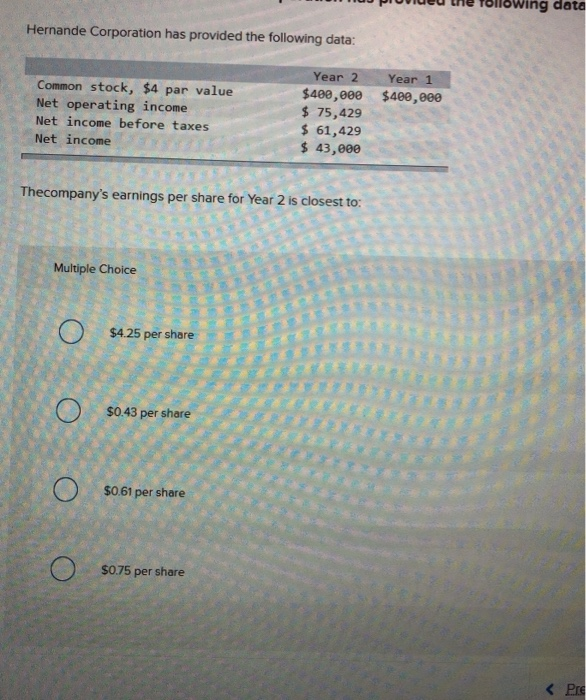  OWing data Hernande Corporation has provided the following data: Year 2