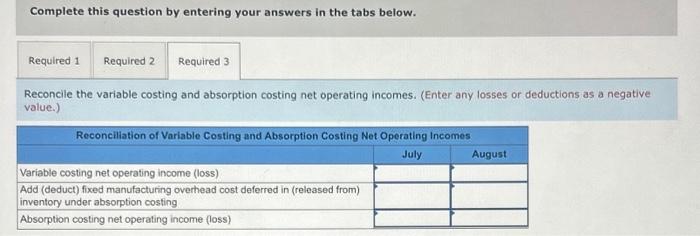 in the tabs below. Prepare variable costing income statements for July and