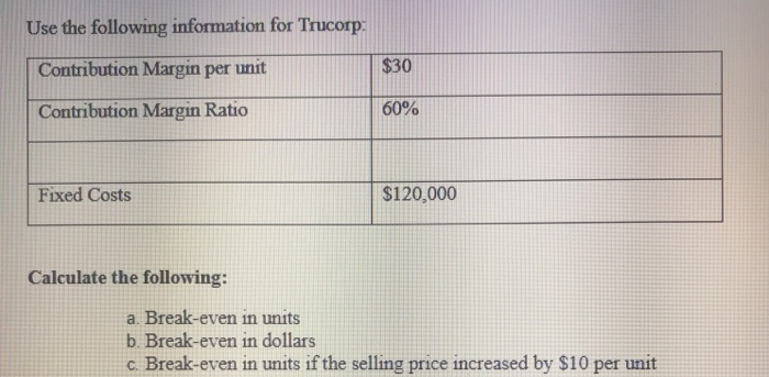  Use the following information for Trucorp: Contribution Margin per unit $30