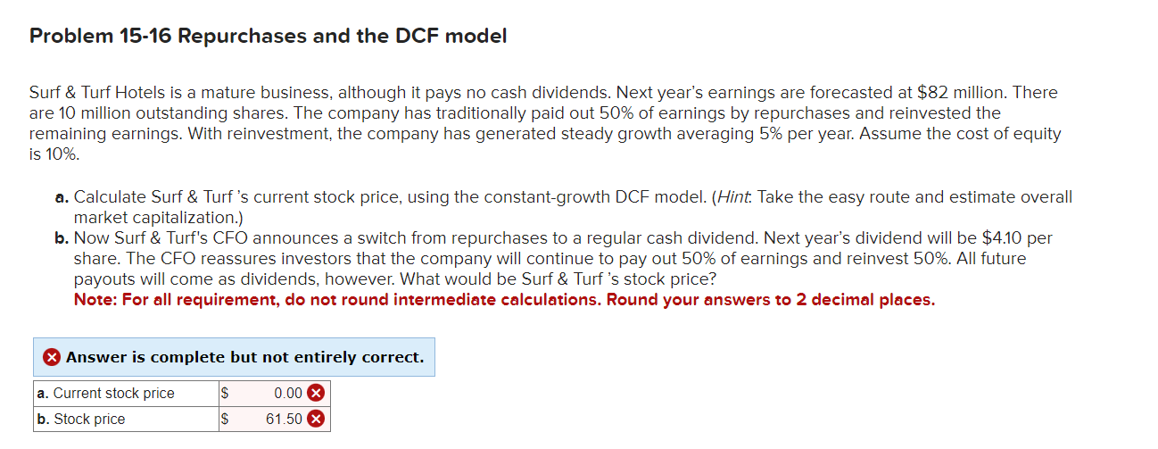  Problem 15-16 Repurchases and the DCF model Surf & Turf Hotels