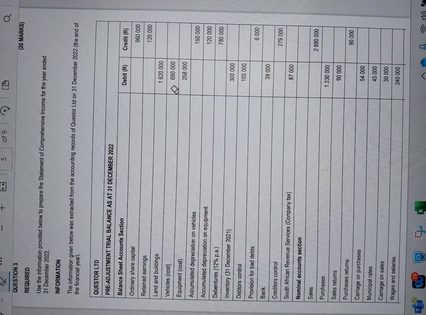 QUESTION 3 (20 MARKS) REQUIRED Use the information provided below to