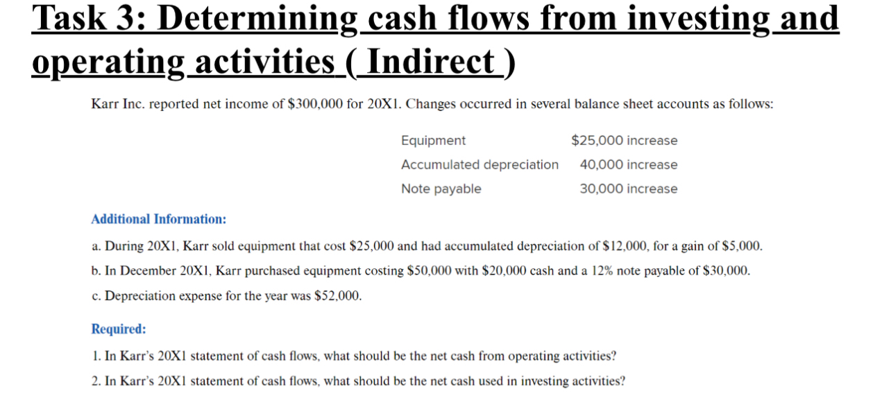  Task 3: Determining cash flows from investing and operating activities (Indirect)