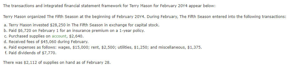 Please help me The transactions and integrated financial statement framework for Terry