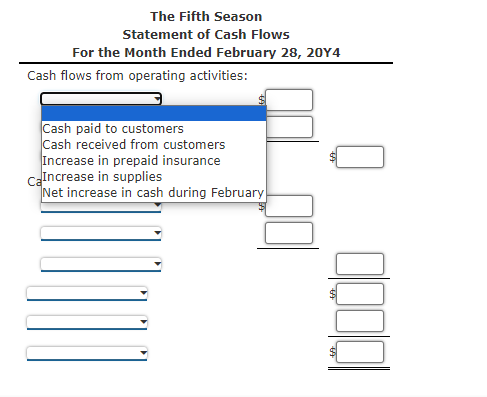 Purchased supplies on account, $2,640. d. Received fees of $45,060 during February.