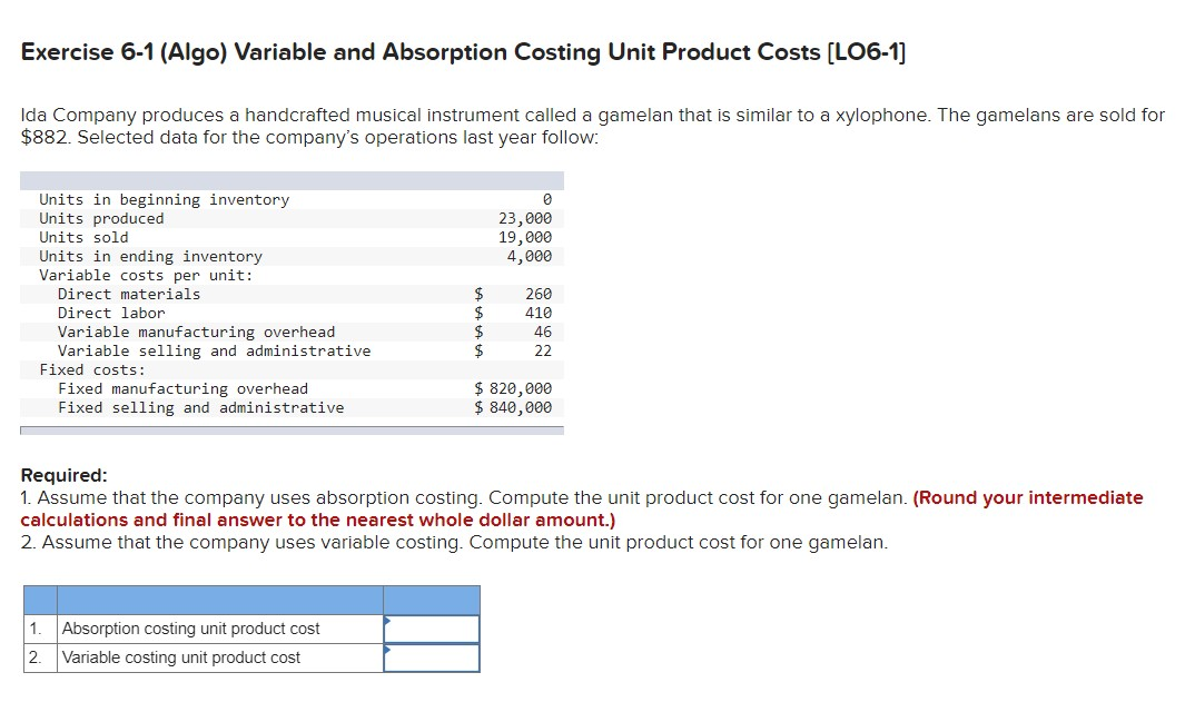 Exercise 6-1 (Algo) Variable and Absorption Costing Unit Product Costs (LO6-1)