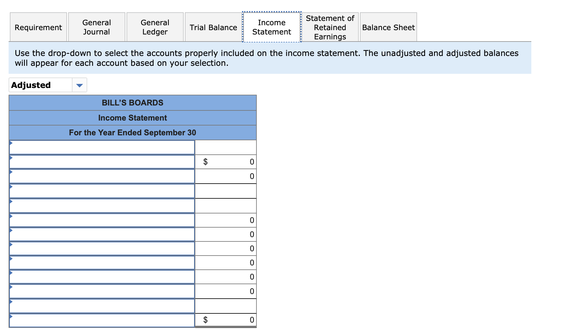 the following list of unadjusted account balances at BB's September 30 fiscal