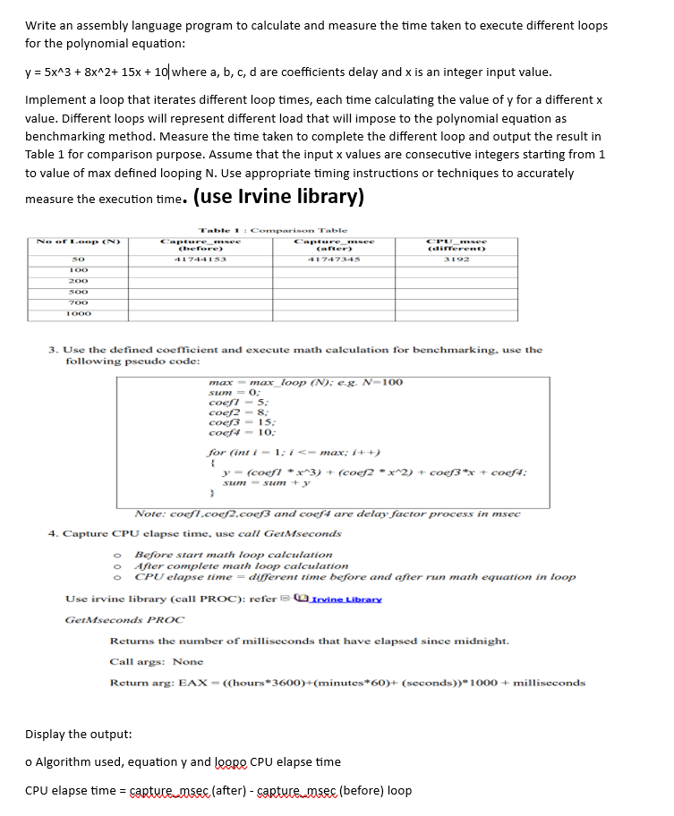 Write an assembly language program to calculate and measure the time taken