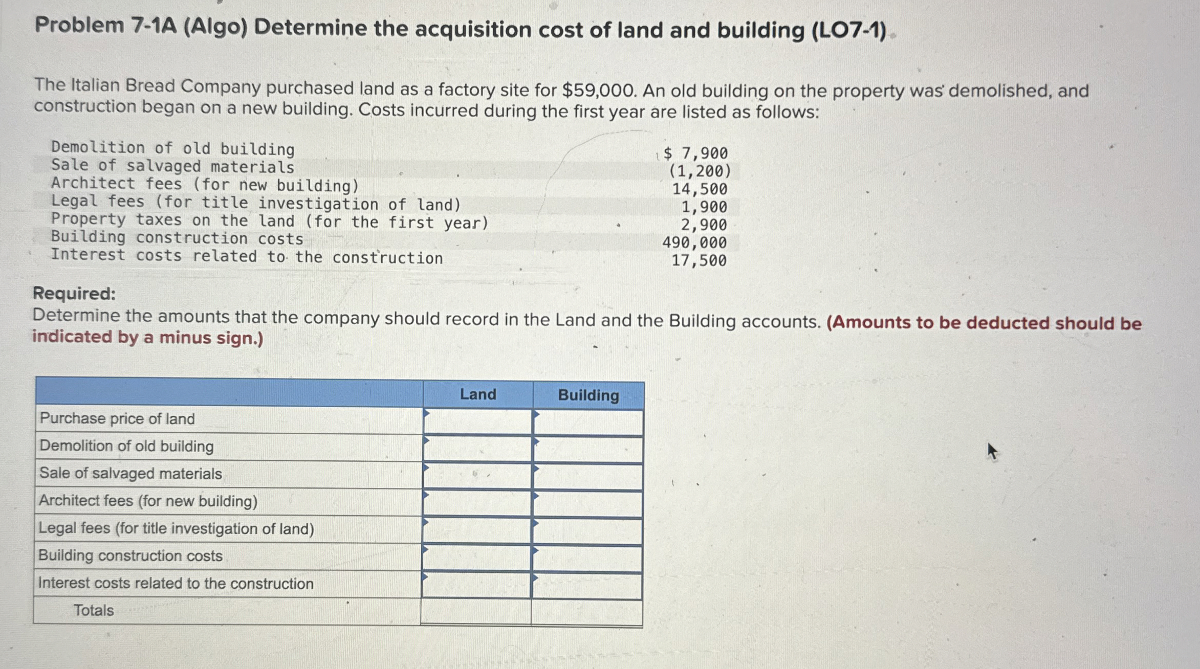  Problem 7-1A (Algo) Determine the acquisition cost of land and building