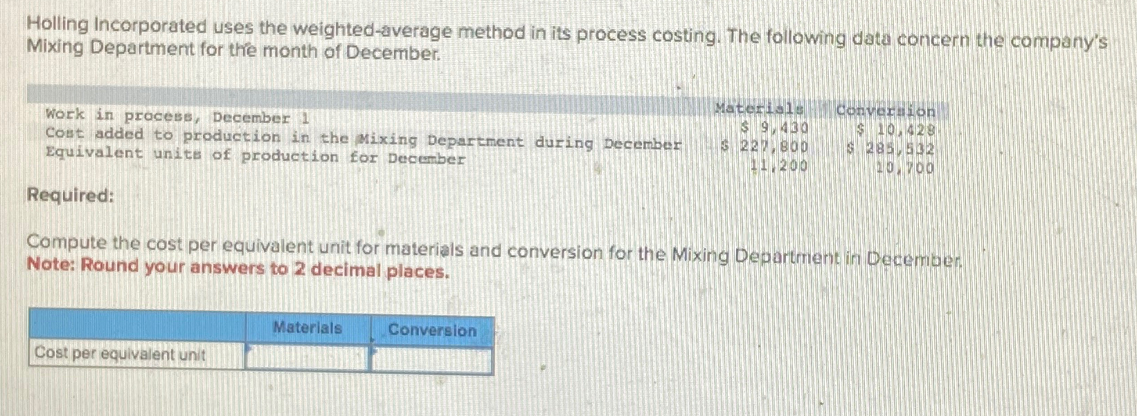 Holling Incorporated uses the weighted-average method in its process costing. The
