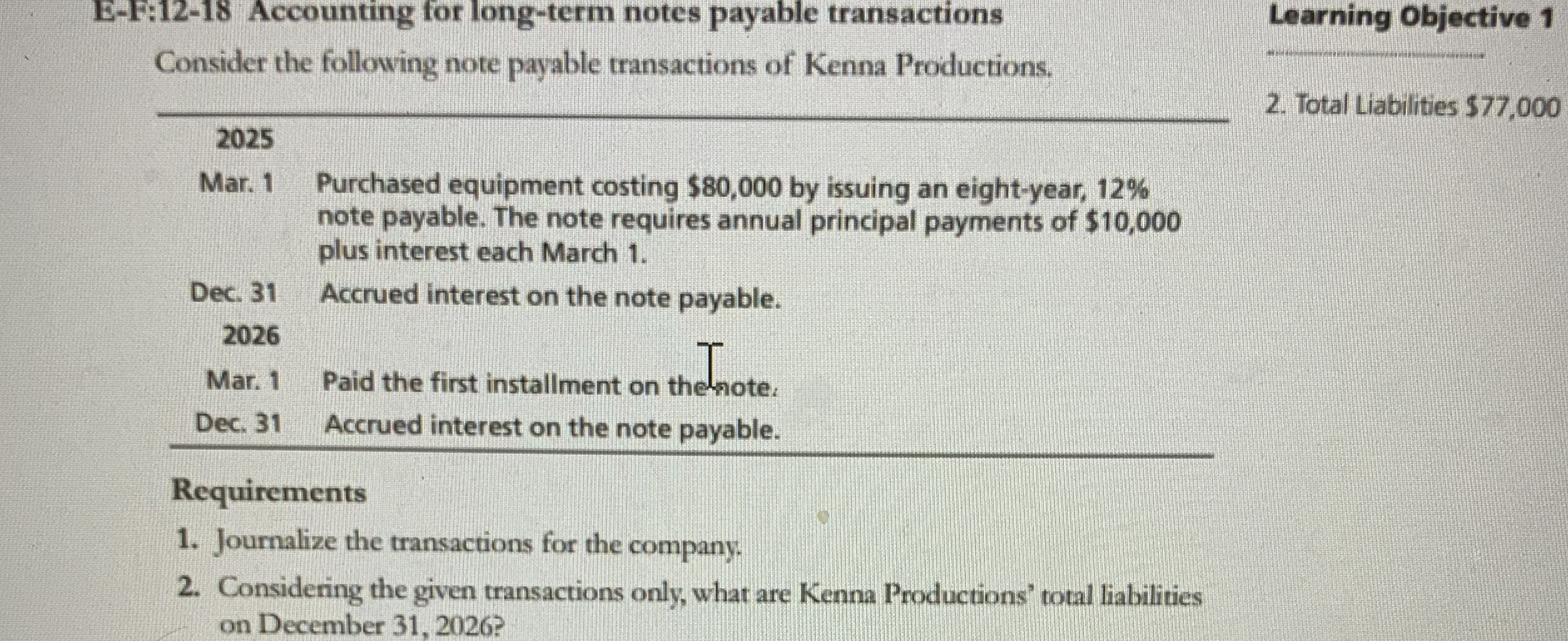  E-F:12-18 Accounting for long-term notes payable transactions Consider the following note
