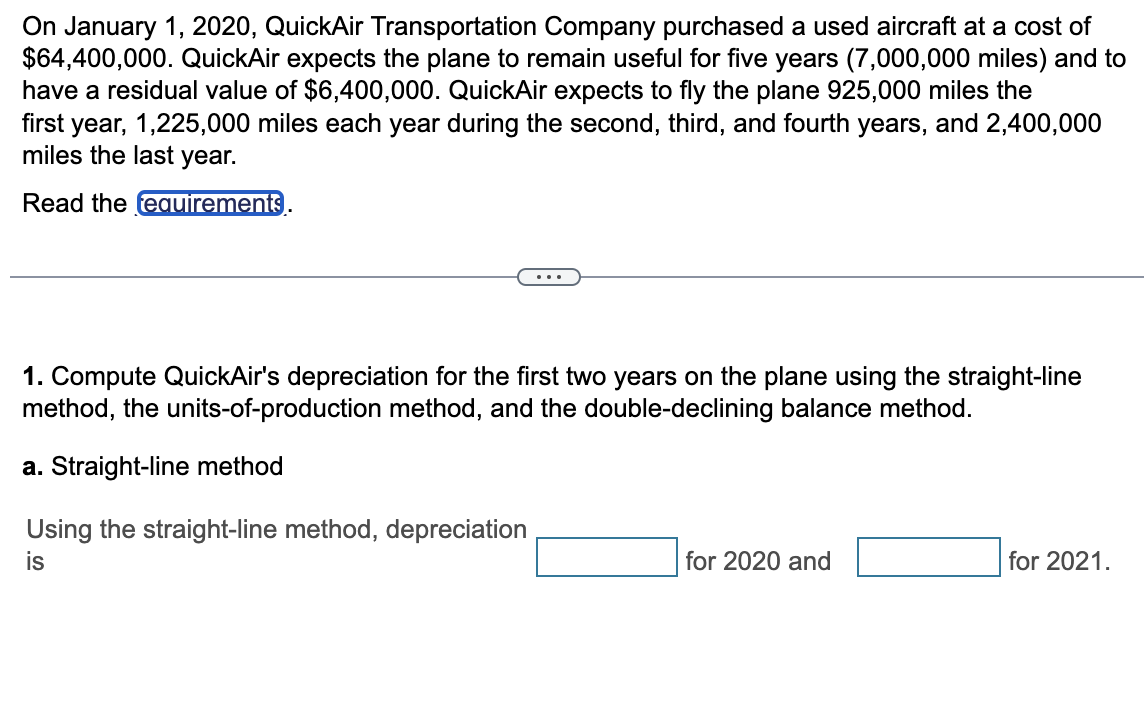  On January 1,2020, QuickAir Transportation Company purchased a used aircraft at