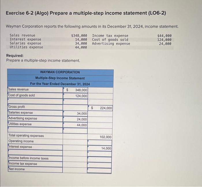 I NEED HELP IN THE LAST 3 PARTS PLEASE!!! Exercise 6-2 (Algo)