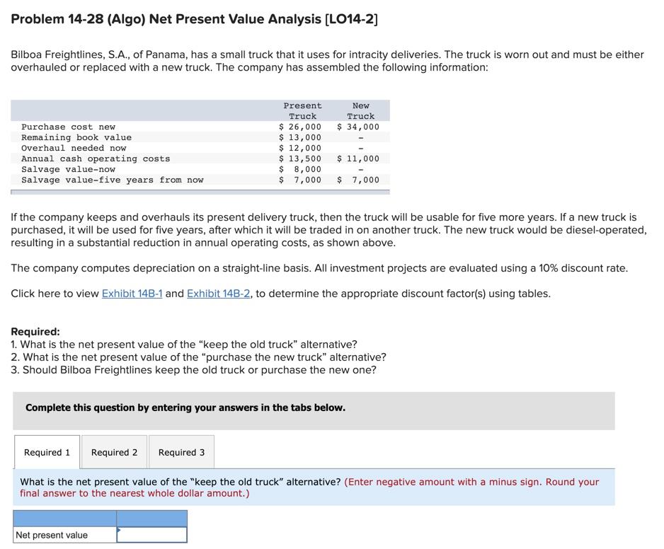  Problem 14-28 (Algo) Net Present Value Analysis (L014-2] Bilboa Freightlines, S.A.,