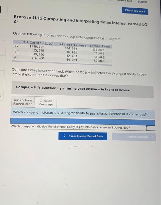 interpreting times interest earned LO A1 Use the following information from separate