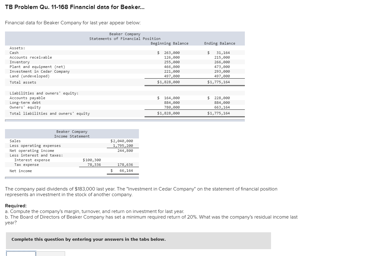 TB Problem Qu. 11-168 Financial data for Beake... Financial data for