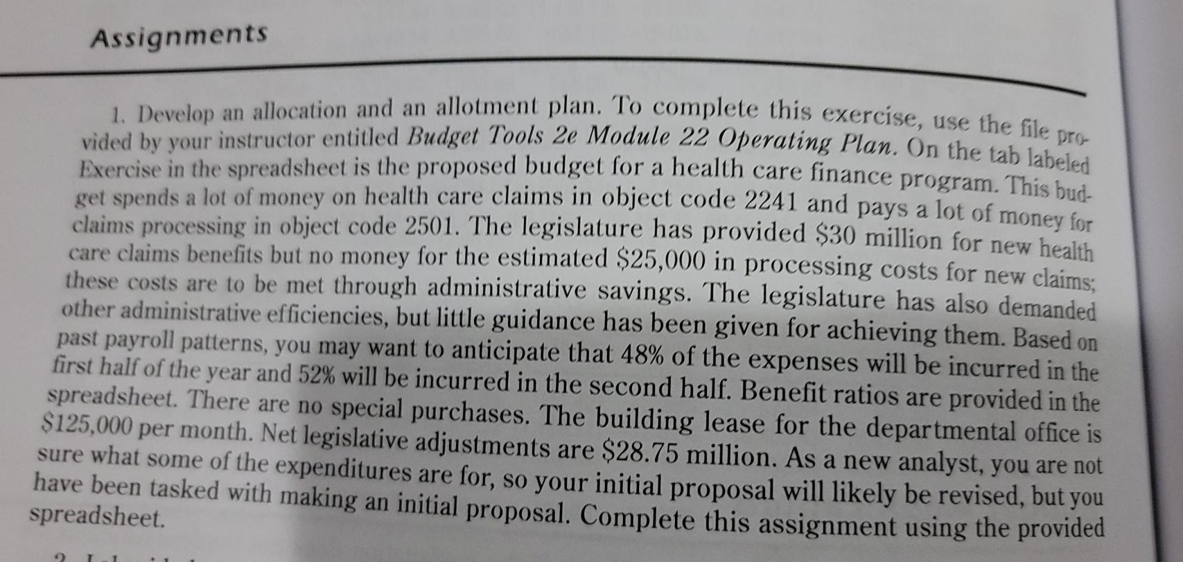 Assignments 1. Develop an allocation and an allotments Perm Coucem lote