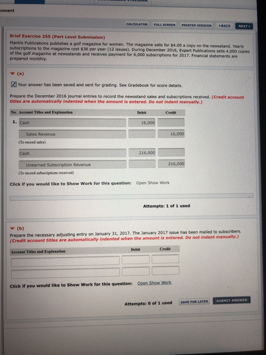  nment CALCULATOR FULL SCREEN PRINTER VERSION BACK Brief Exercise 255 (Part