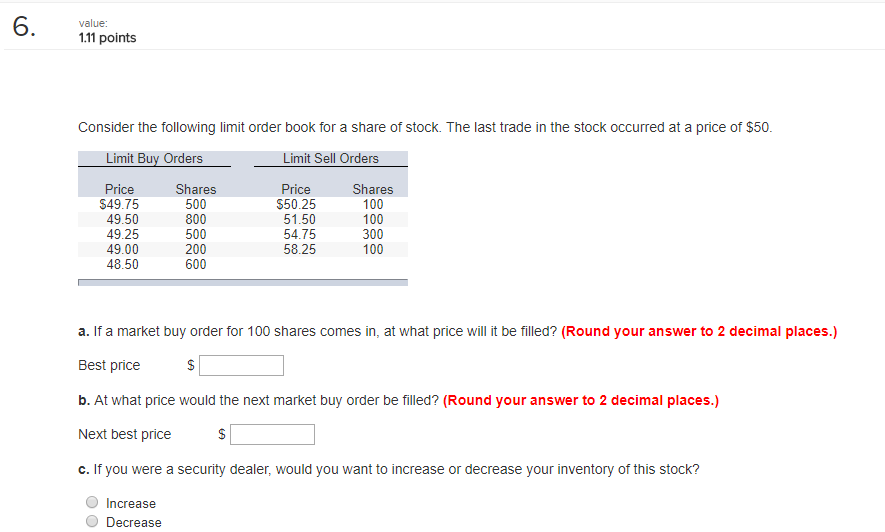 value 1.11 points Consider the following limit order book for a