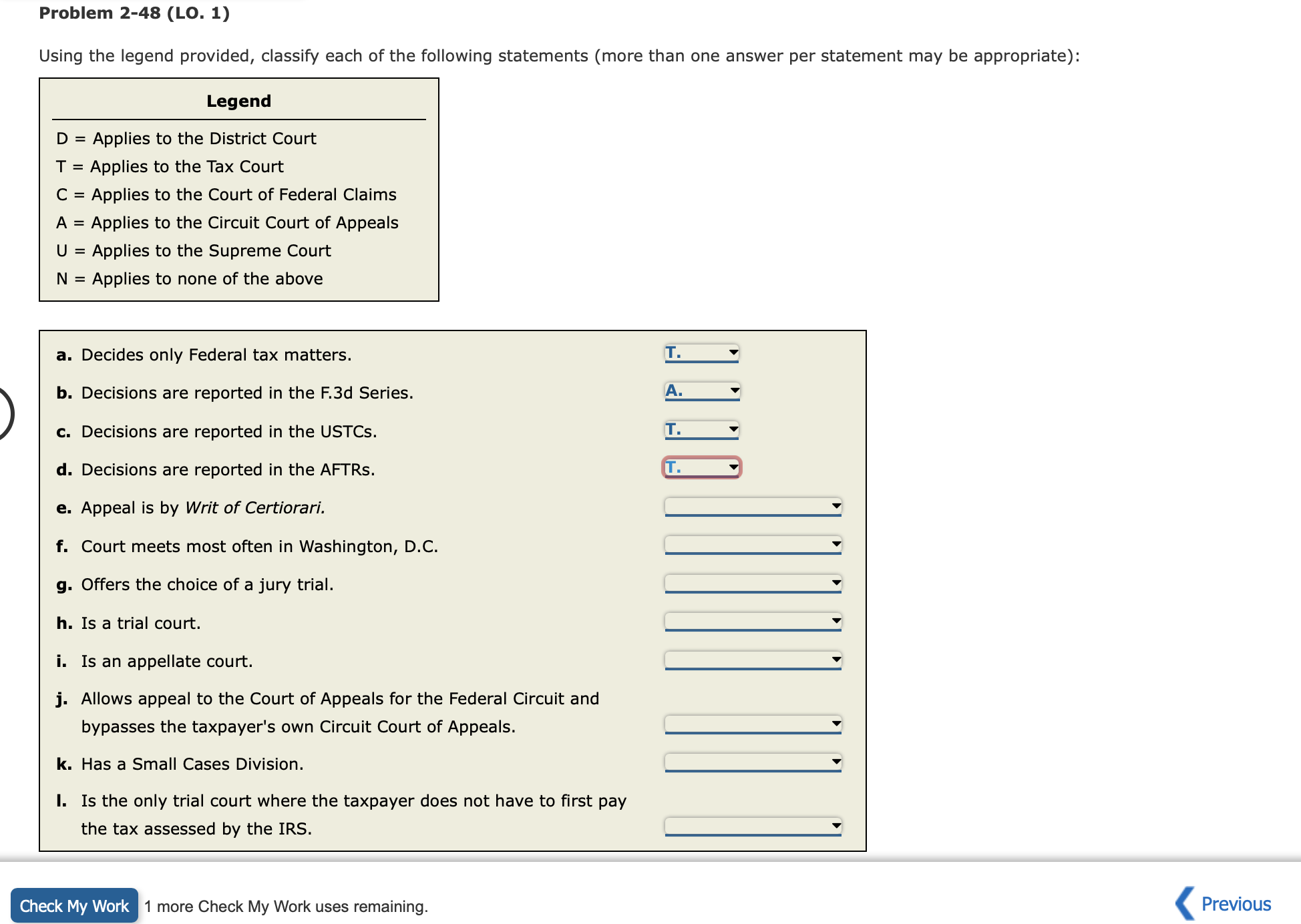  Problem 2-48 (LO. 1) Using the legend provided, classify each of