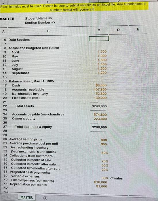  A B Excel formulas must be used. Please be sure to
