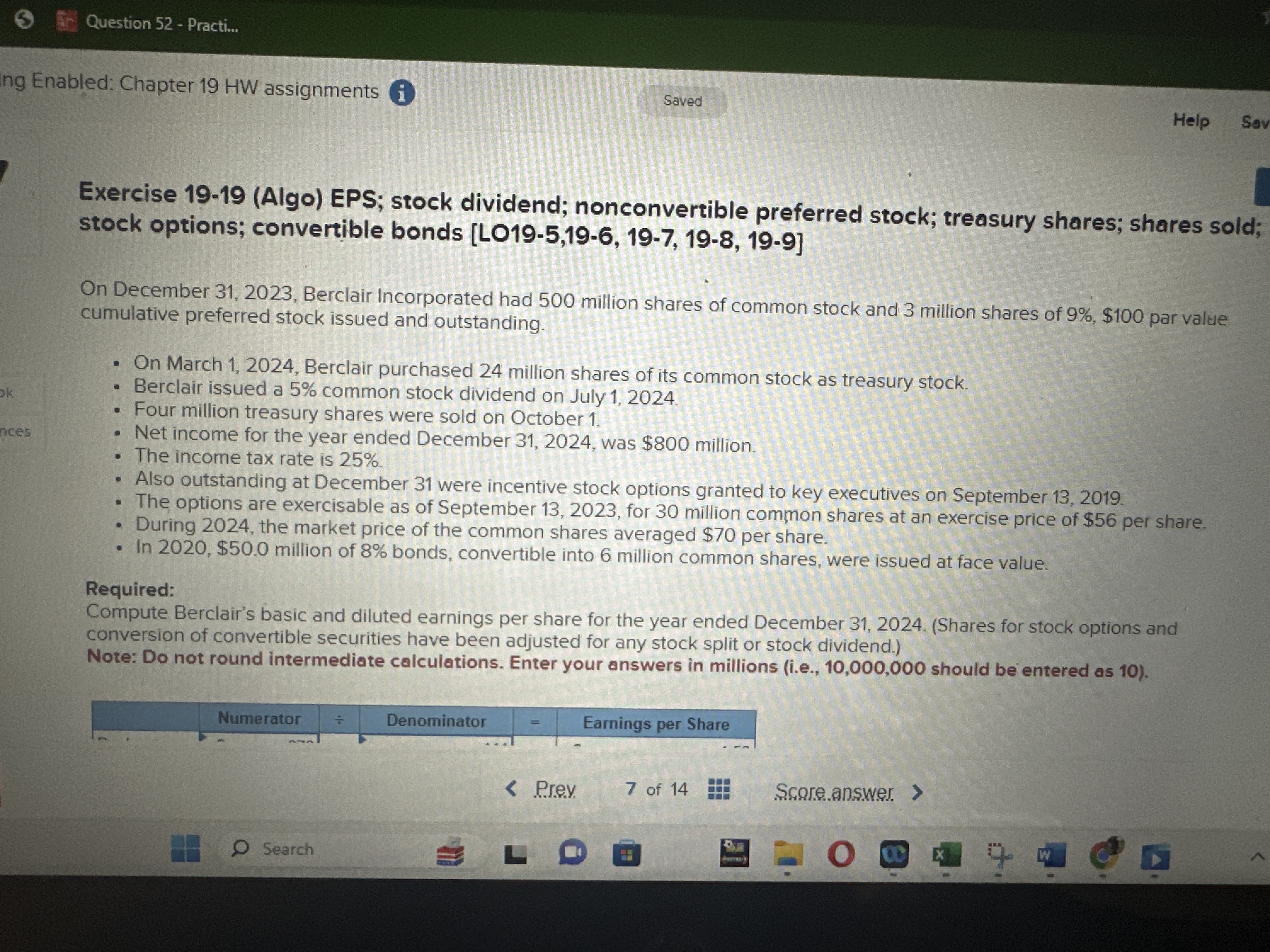  Exercise 19-19(Algo) EPS; stock dividend; nonconvertible preferred stock; treasury shares; shares