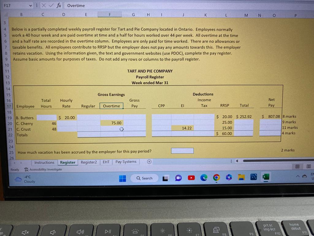  Below is a partially completed weekly payroll register for Tart and