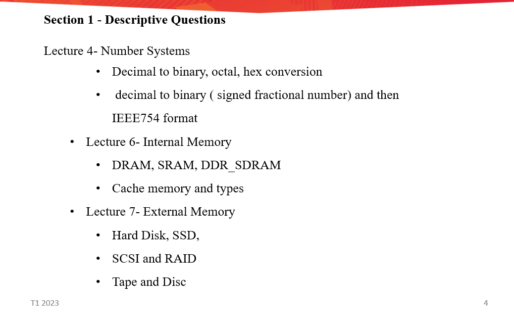  Section 1- Descriptive Questions Lecture 4- Number Systems Decimal to binary,