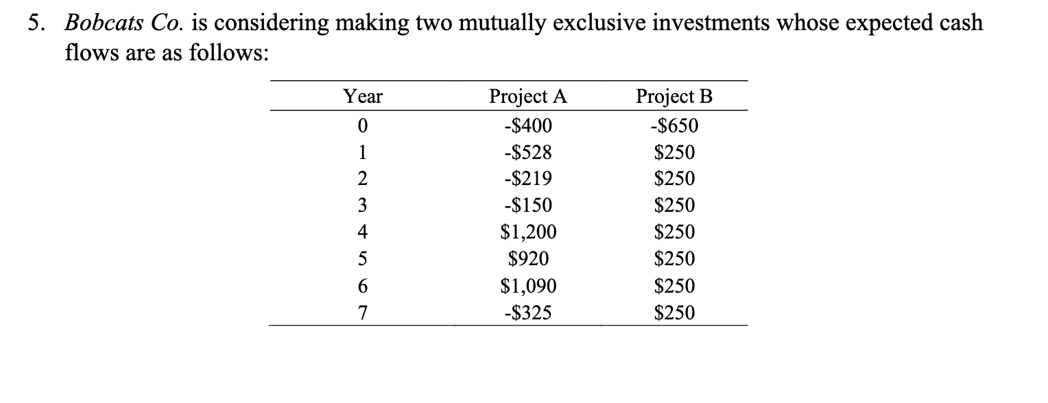  Bobcats Co. is considering making two mutually exclusive investments whose expected
