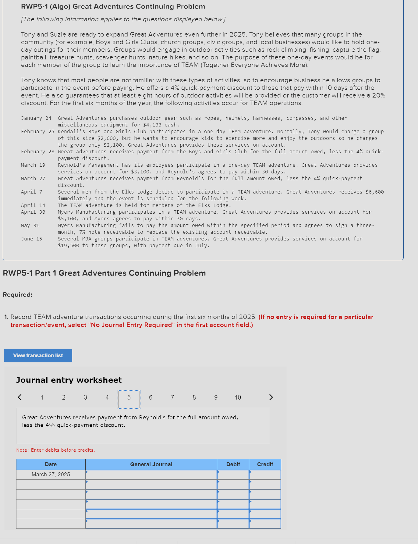 RWP12-1(Algo) Great Adventures Continuing Case [The following information applies to the