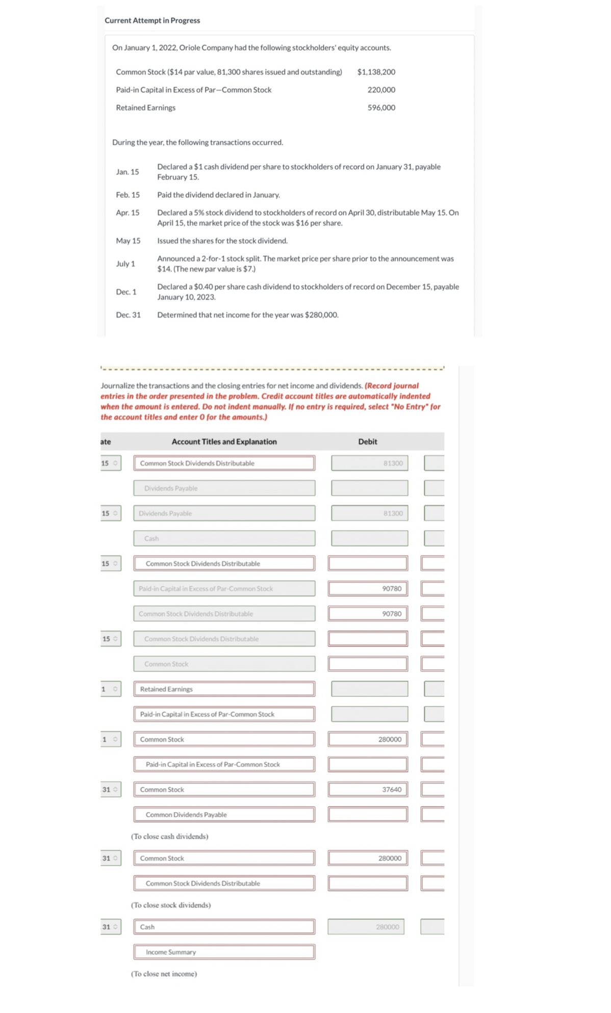  On January 1,2022, Oriole Company had the following stockholders' equity accounts.