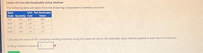  Lower-of-Cost-Net-Realizable-Value Method The following data are taken from the Browning Corporation's