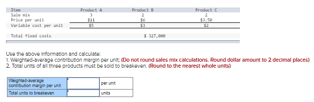  Item Sale mix Price per unit Variable cost per unit Product