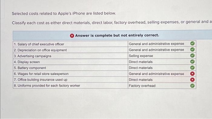 what is the correct answer for number 6 ans 7? Selected costs