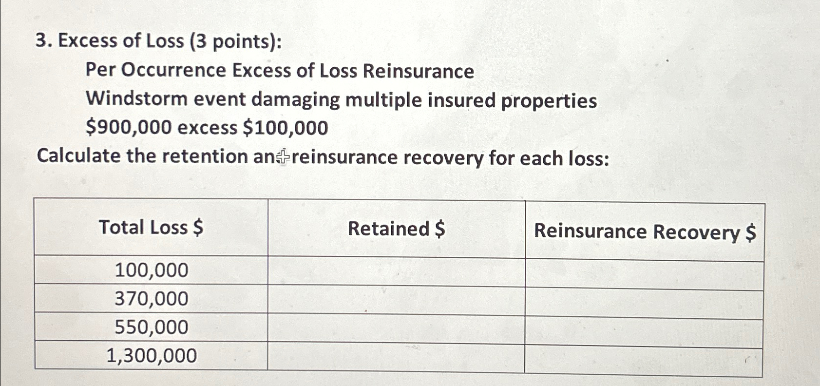  Excess of Loss (3 points): Per Occurrence Excess of Loss Reinsurance