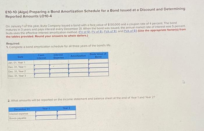  E10-10 (Algo) Preparing a Bond Amortization Schedule for a Bond Issued