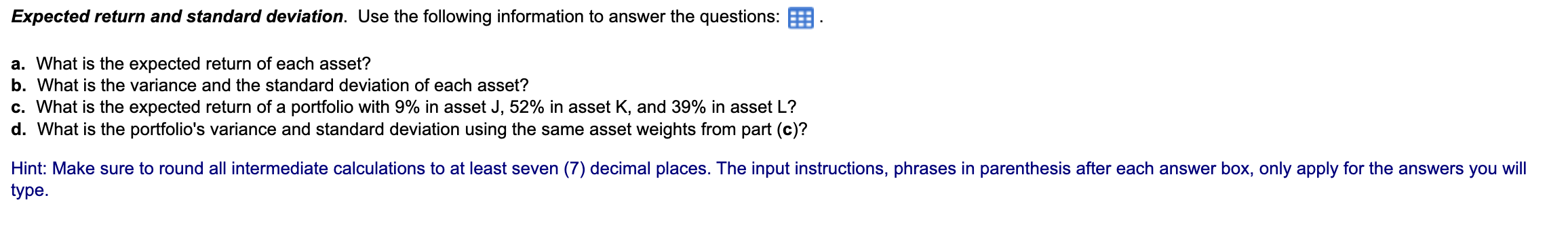 Expected return and standard deviation. Use the following information to answer