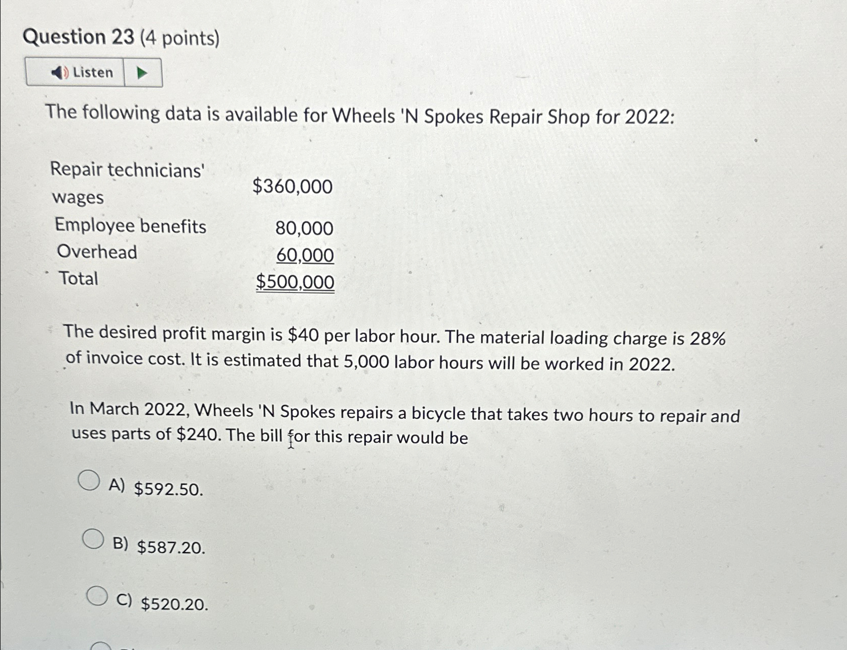  Question 23(4 points) The following data is available for Wheels 'N