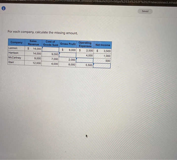  rowser=0&launchUrl=https%253A%252F%252Fnewconnect.mhed Saved For each company, calculate the missing amount. Company Cost