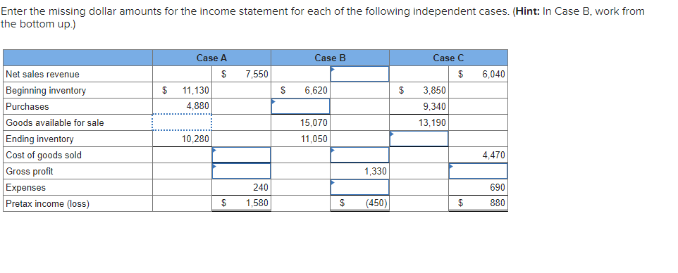 Enter the missing dollar amounts for the income statement for each