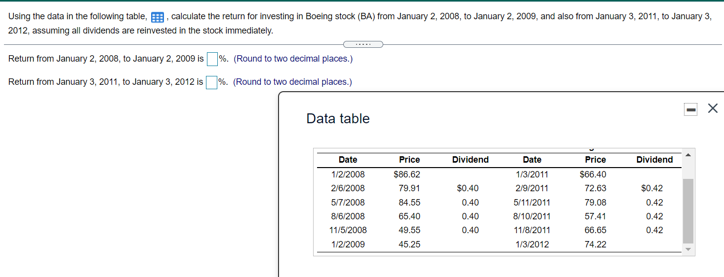  Using the data in the following table, E, calculate the return