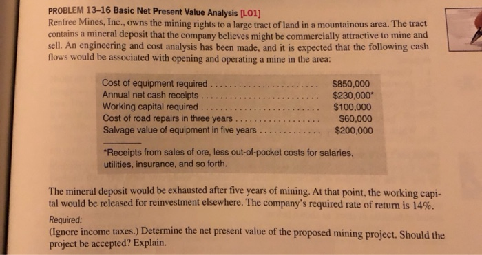  PROBLEM 13-16 Basic Net Present Value Analysis [LO1] Renfree Mines, Inc.,