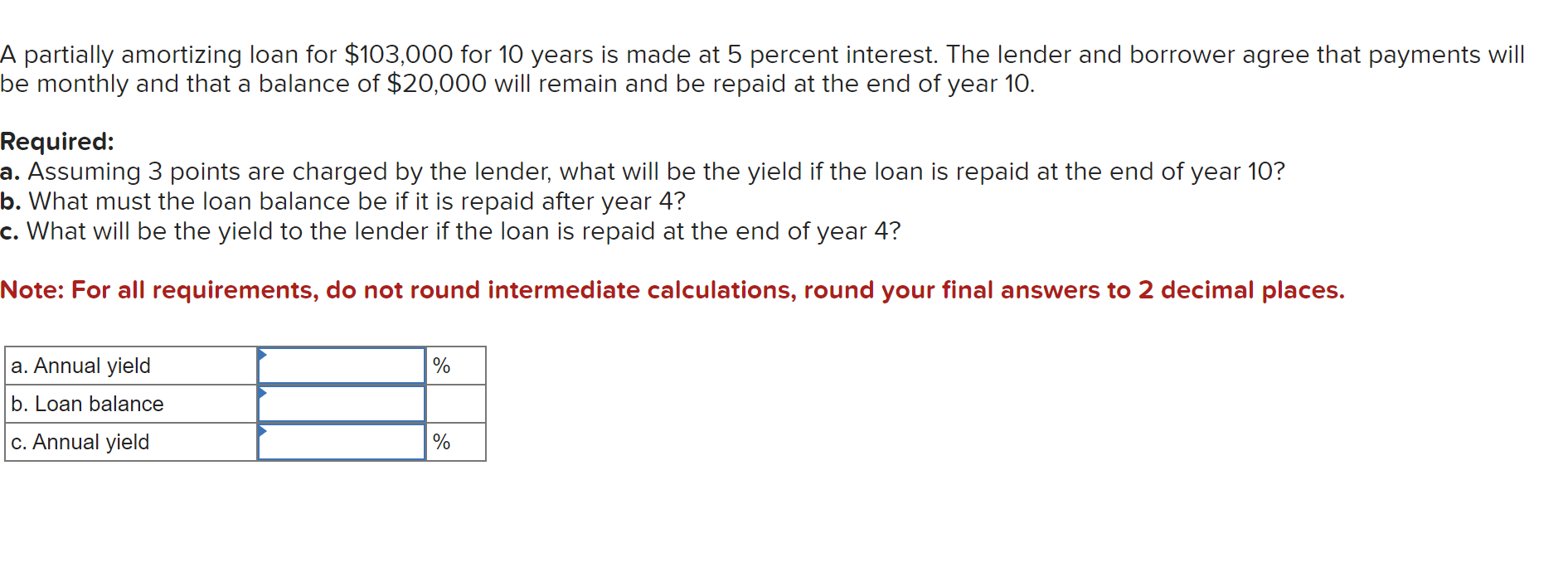  A partially amortizing loan for $103,000 for 10 years is made