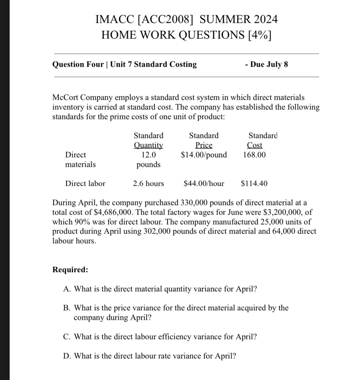  IMACC [ACC2008] SUMMER 2024 HOME WORK QUESTIONS 4% Question Four |