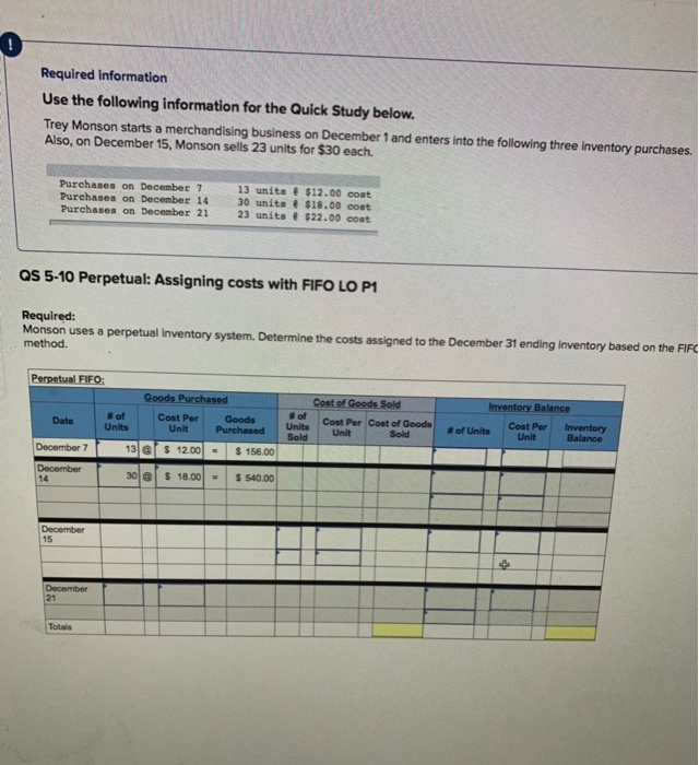  0 Required information Use the following information for the Quick Study