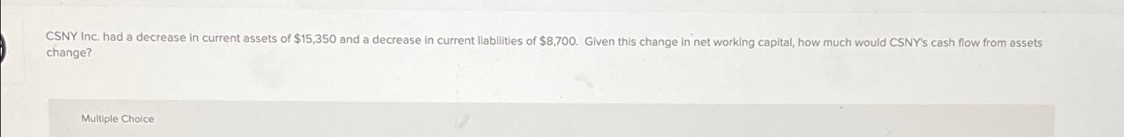  CSNY Inc. had a decrease in current assets of $15,350 and