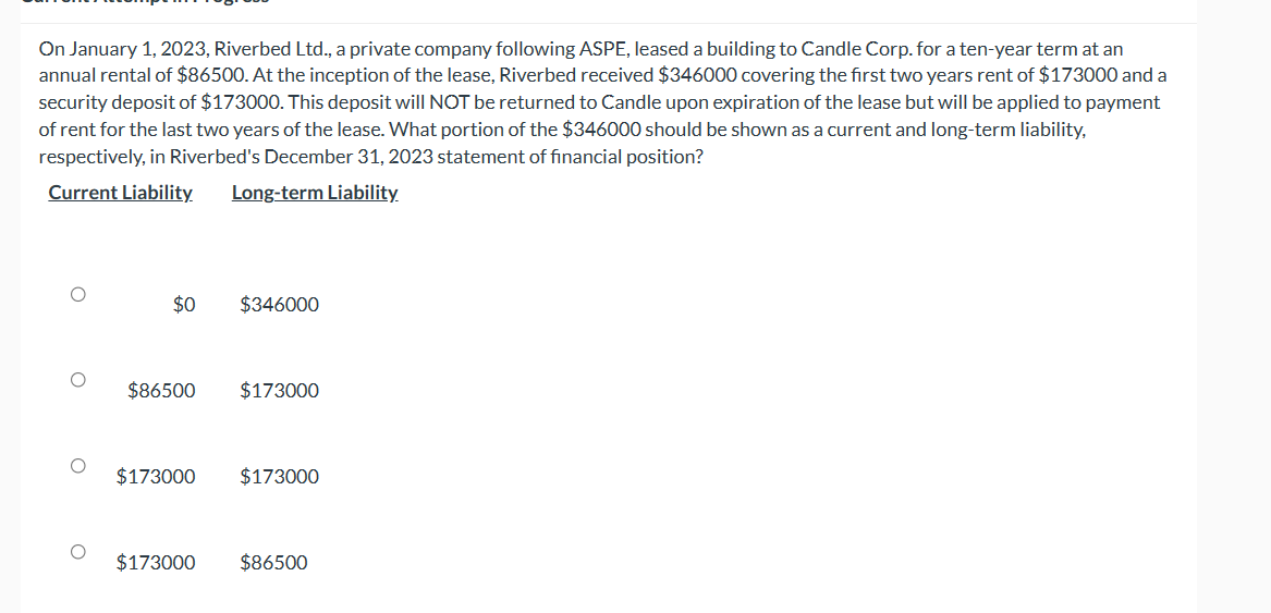  On January 1,2023, Riverbed Ltd., a private company following ASPE, leased